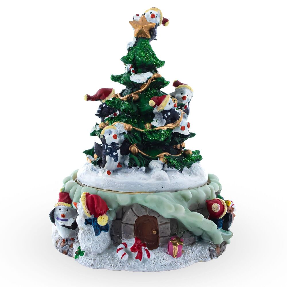 8963 Spinning Christmas Tree Musical Figurine with Decorating Penguins
